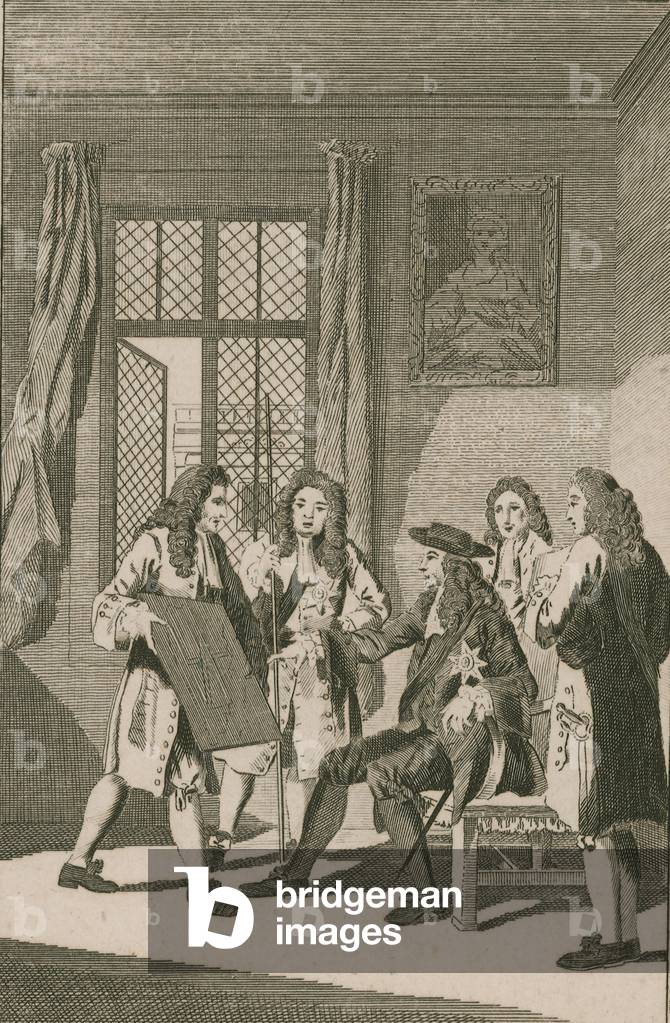 Sir Christopher Wren presenting to King Charles II his plan for rebuilding the City of London (engraving)