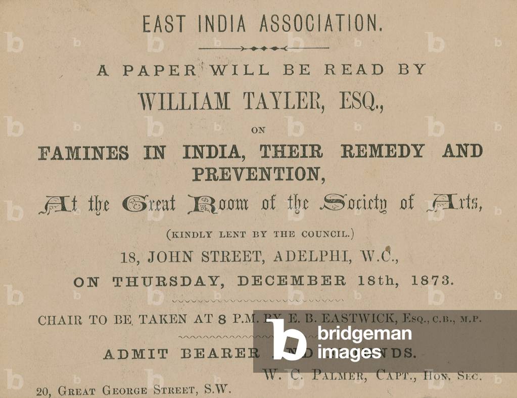 Ticket for a lecture by William Tayler of the East India Association (engraving)