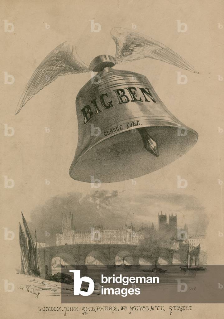 Big Ben with wings flying over London (engraving)