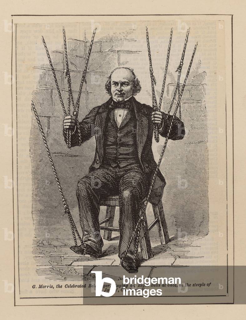 G Morris, the celebrated bellringer, playing on eight bells at once (engraving)