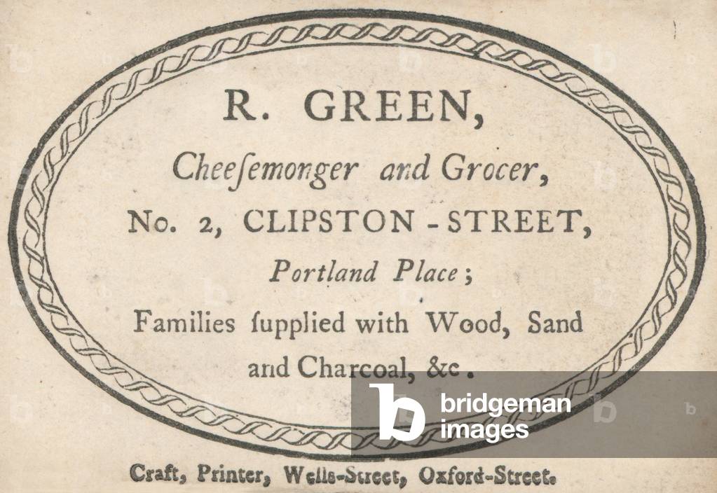 Trade card, R Green (engraving)