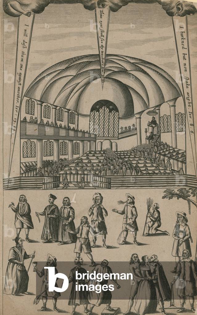 Baptist meeting in church, and blind man's bluff (engraving)