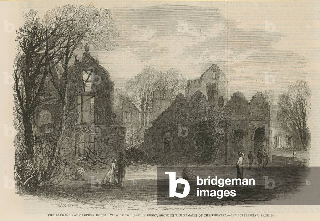 The late fire at Campden House: view of the garden front showing the remains of the theatre (engraving)