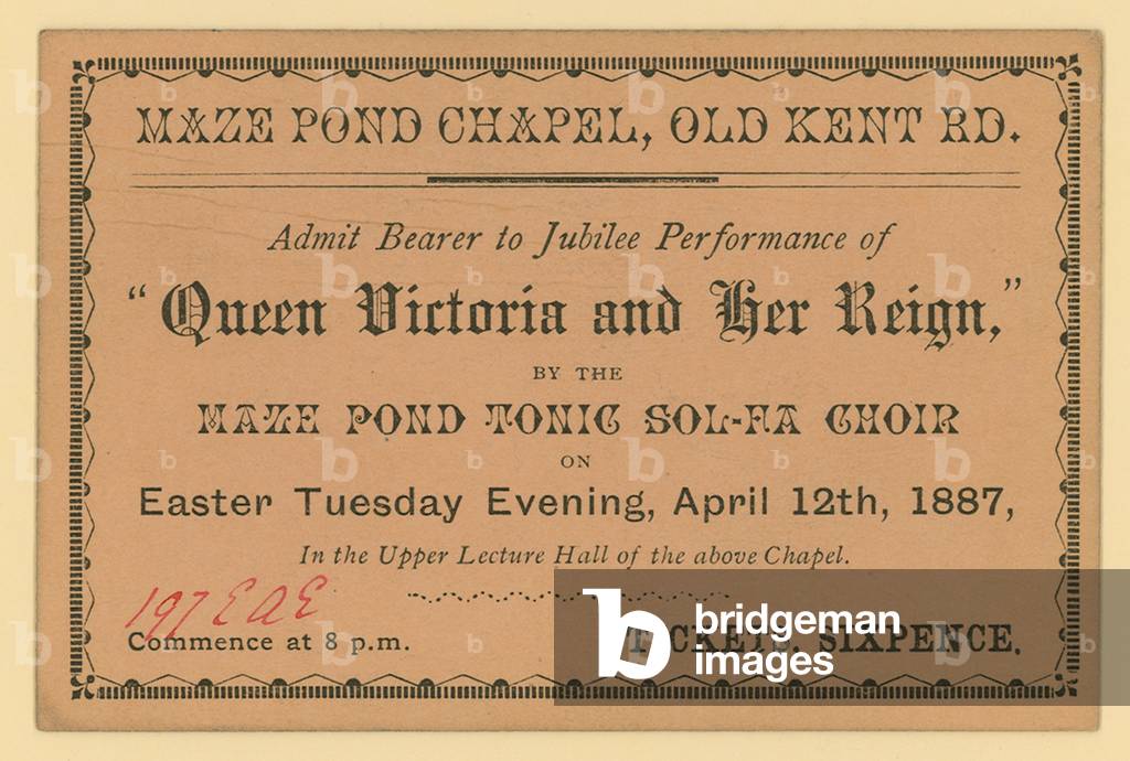 Ticket for a performance of Queen Victoria and Her Reign (engraving)