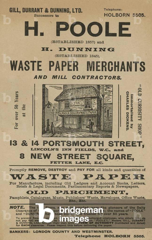 Advert for H Poole and H Dunning, Waste Paper Merchants and Mill Contractors (engraving)