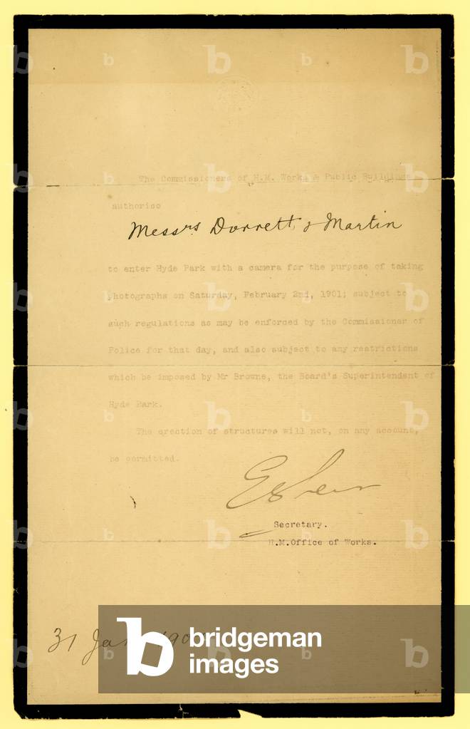 Permission to Messrs Dorrett & Martin to take photos of the funeral of Queen Victoria (b/w photo)