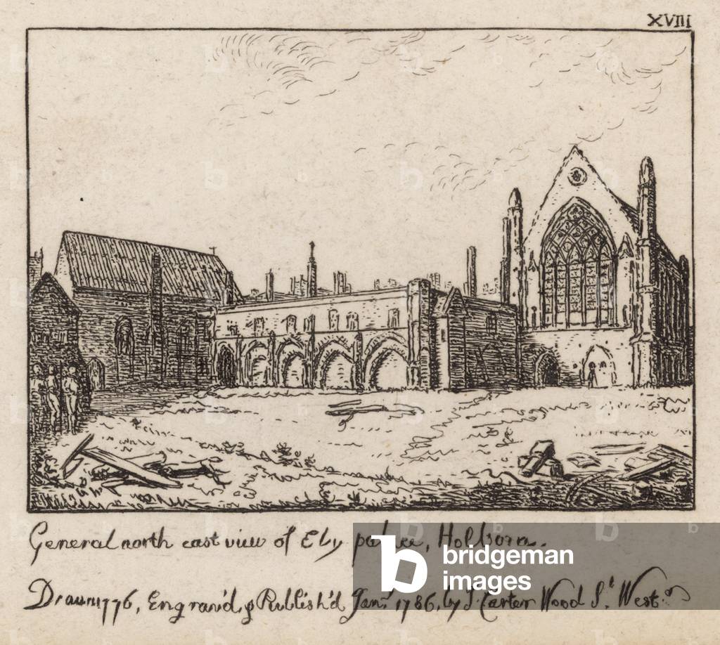 General noth east view of Ely Palace, Holborn (engraving)