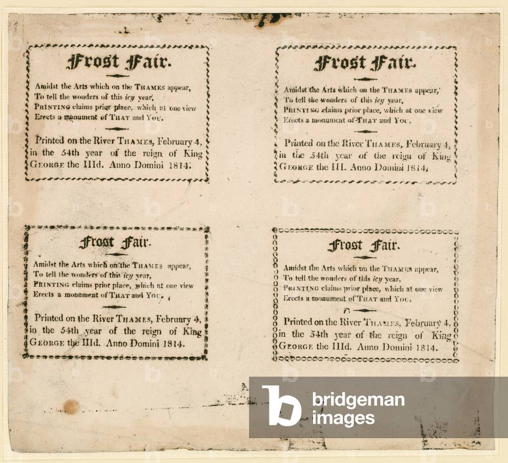 Frost Fair of 1814 - souvenirs printed on the ice (engraving)