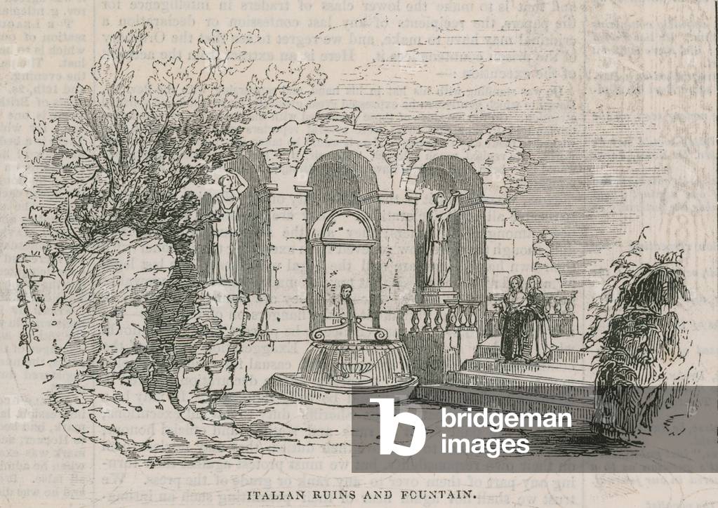 The Colosseum - Italian ruins and fountain (engraving)