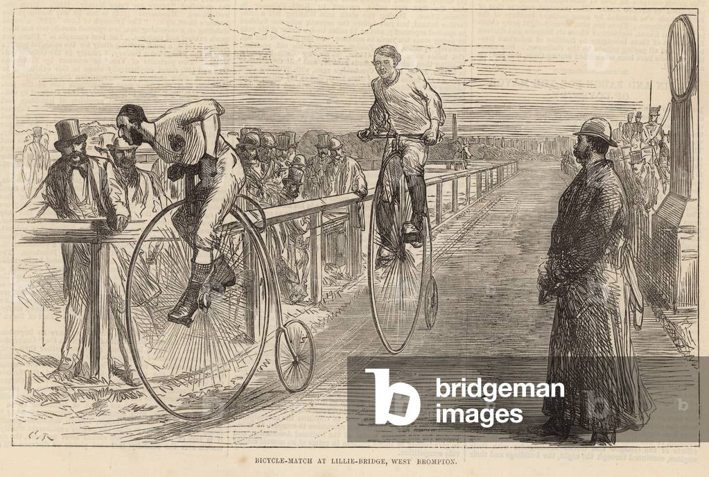 Bicycle match at Lillie Bridge, West Brompton (engraving)