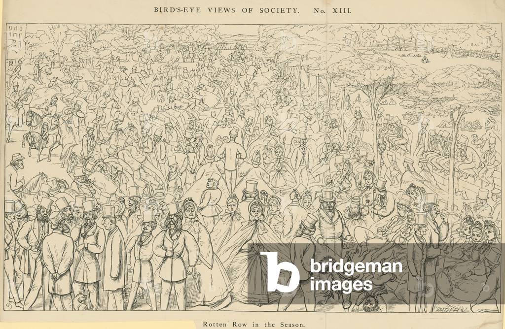 Birds-Eye view of Society: Rotten Row in the season (engraving)