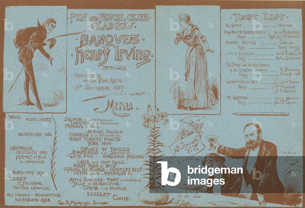 Menu for a banquet in honour of Henry Irving, Pen and Pencil Club, Glasgow, 15 September 1887 (engraving)