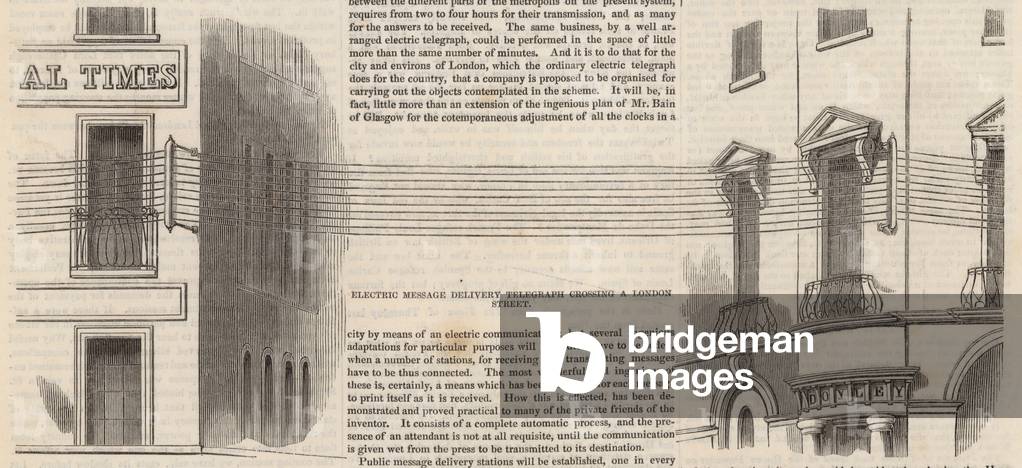 Electric message delivery telegraphs crossing a London street (engraving)