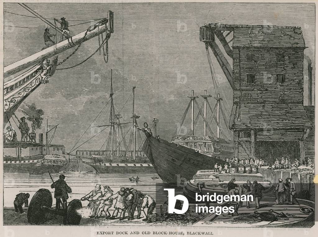 Export dock and old Block House, Blackwall (engraving)