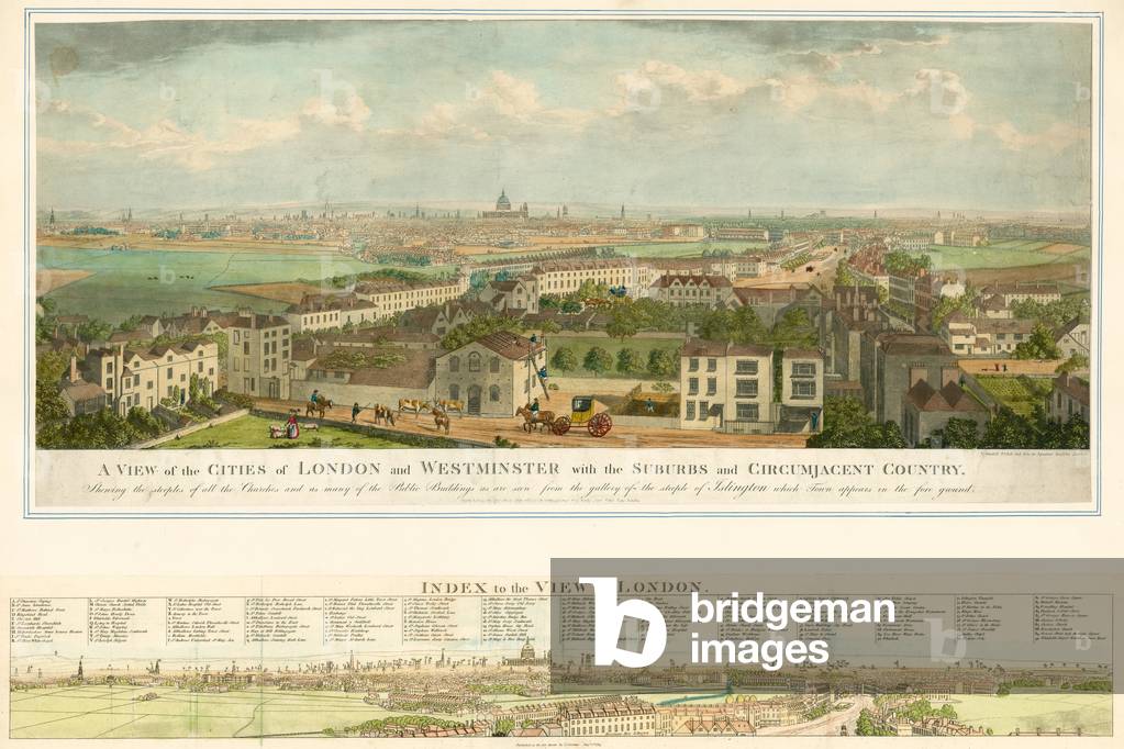 A view of the cities of London and Westminster with the suburbs and circumjacent country (coloured engraving)