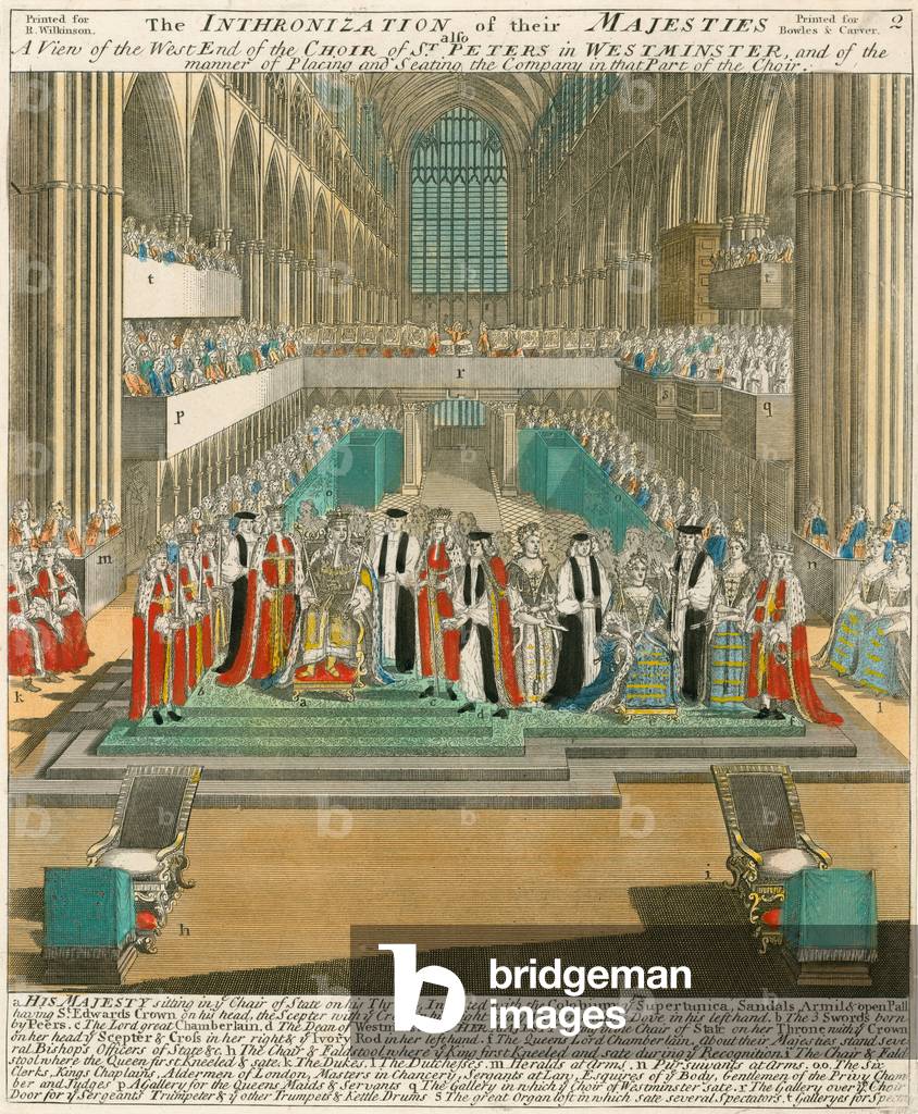 Coronation of King William III and Queen Mary on 11 April 1689 (coloured engraving)