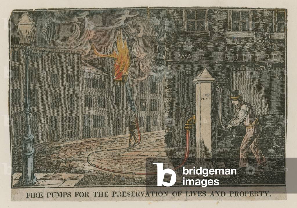 Fire pumps for the presevation of lives and property (coloured engraving)