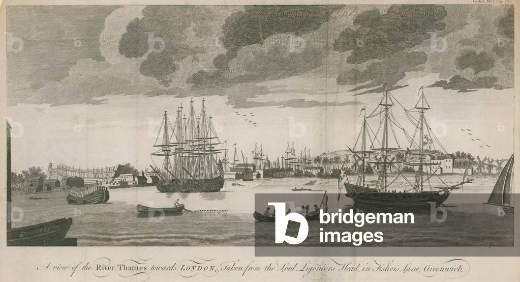 A view of the River Thames towards London, taken from the Lord Ligoniers Head in Fisher's Lane, Greenwich (engraving)