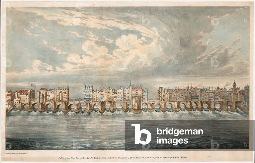 View of East Side of Old London Bridge in the reign of Queen Elizabeth I (coloured engraving)