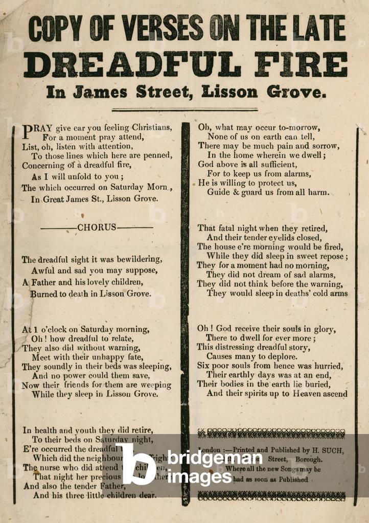 Leaflet with verse relating to a fire in James Street, Lisson Grove, London (engraving)