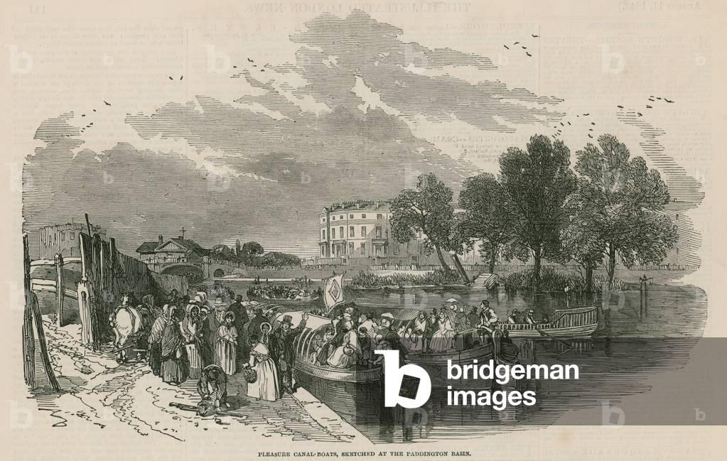 Pleasure canal boats, sketched at the Paddington Basin, Regent's Canal, London (engraving)