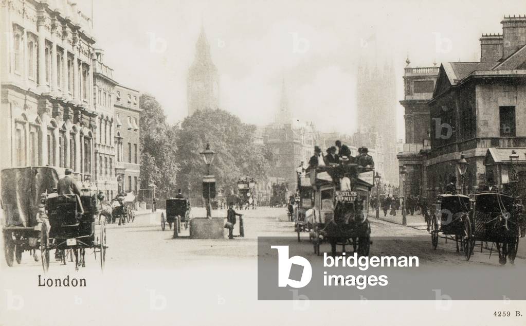 Horse-drawn carriages in Whitehall (b/w photo)