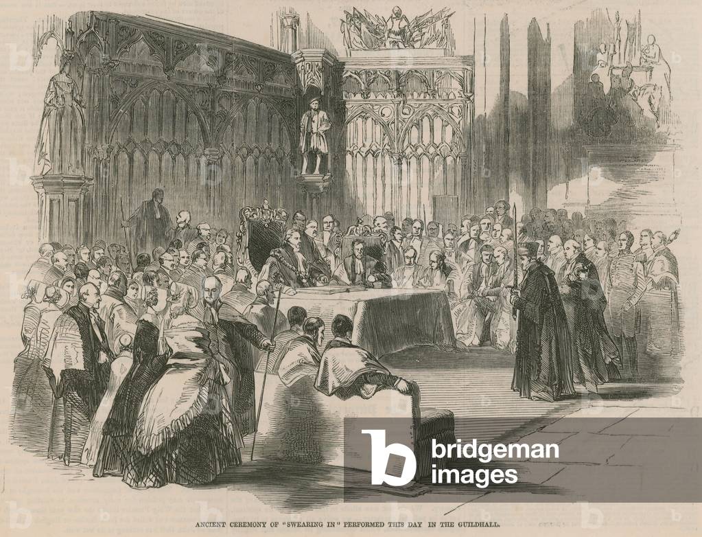 Ancient ceremony of 'swearing in' performed in the Guildhall (engraving)