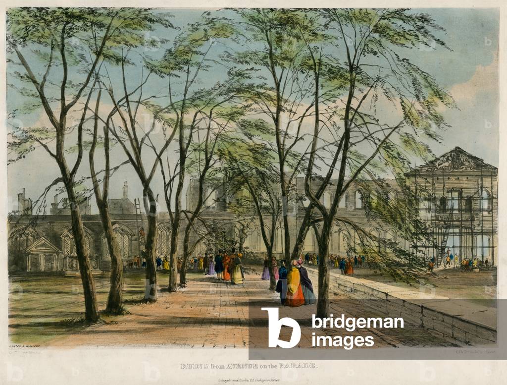Ruins from Avenue on the Parade, Tower of London Fire, 1841 (coloured engraving)