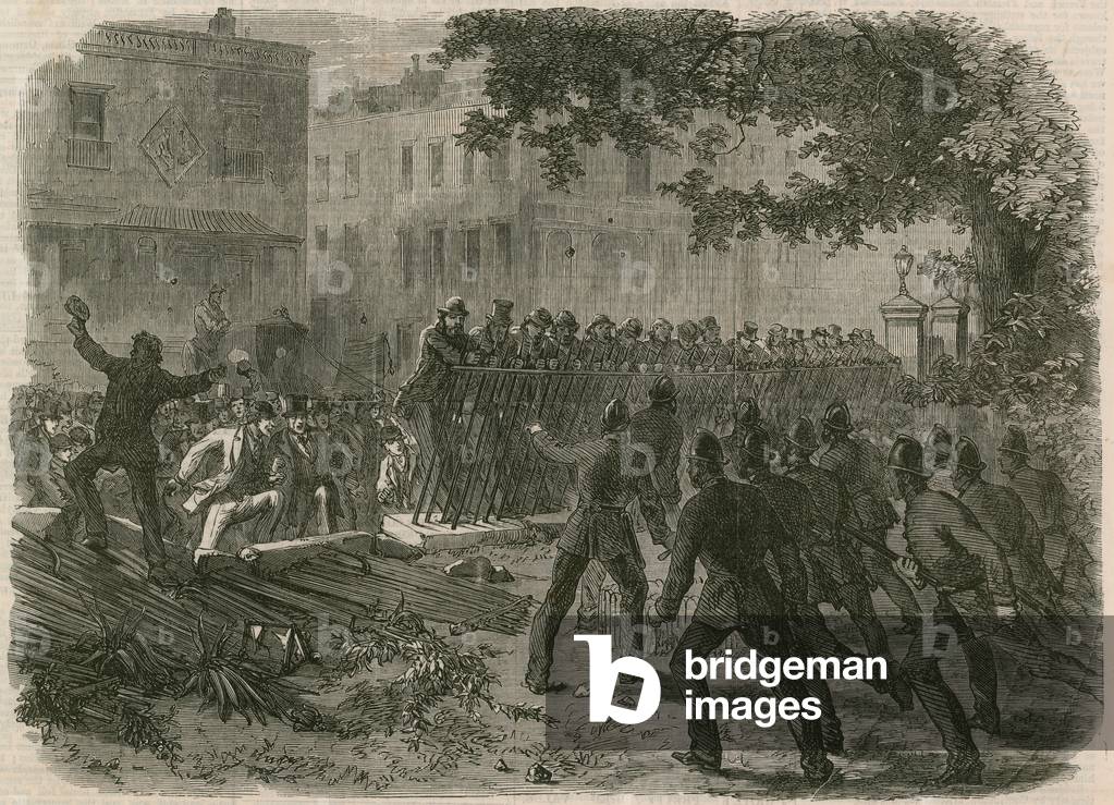 The Riot in Hyde Park: The mob pulling down the railings in Park Lane (engraving)