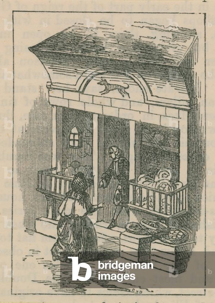 Illustration depicting a man emerging from the front of a shop (engraving)