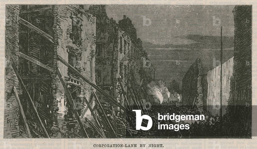 Effects of the explosion at Clerkenwell: Corporation Lane by night (engraving)