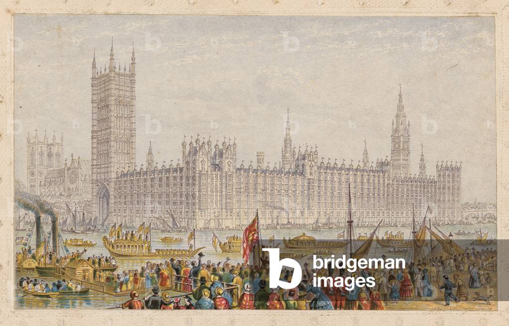 The Houses of Parliament, Palace of Westminster, London (coloured engraving)