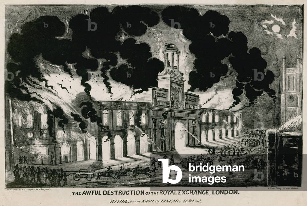 The awful destruction of the Royal Exchange, London, by fire on the night of 10 January 1838 (engraving)