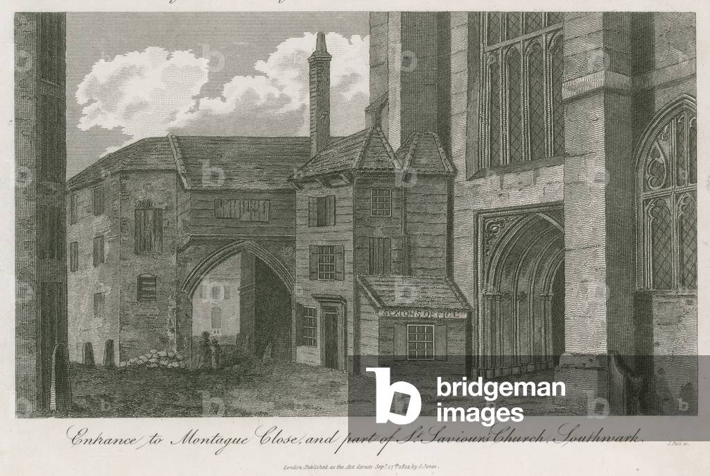 Entrance to Montague Close and part of St Saviour's Church, Southwark, Surrey (engraving)