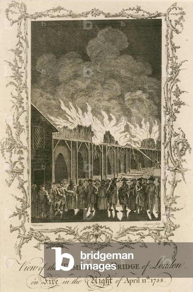 View of the temporary bridge of London on fire in the night of 11 April 1758 (engraving)