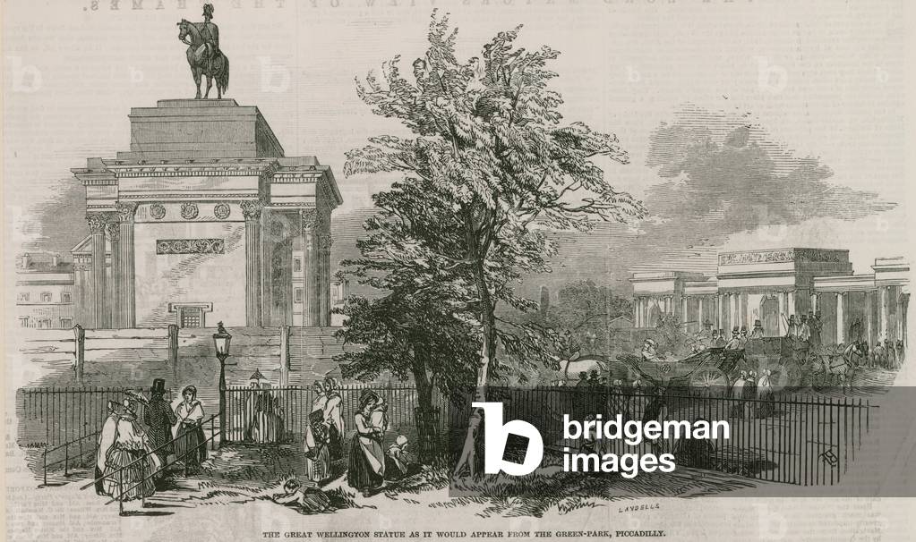 The great Wellington statue and Arch as it would appear from the Green Park, Piccadilly (engraving)
