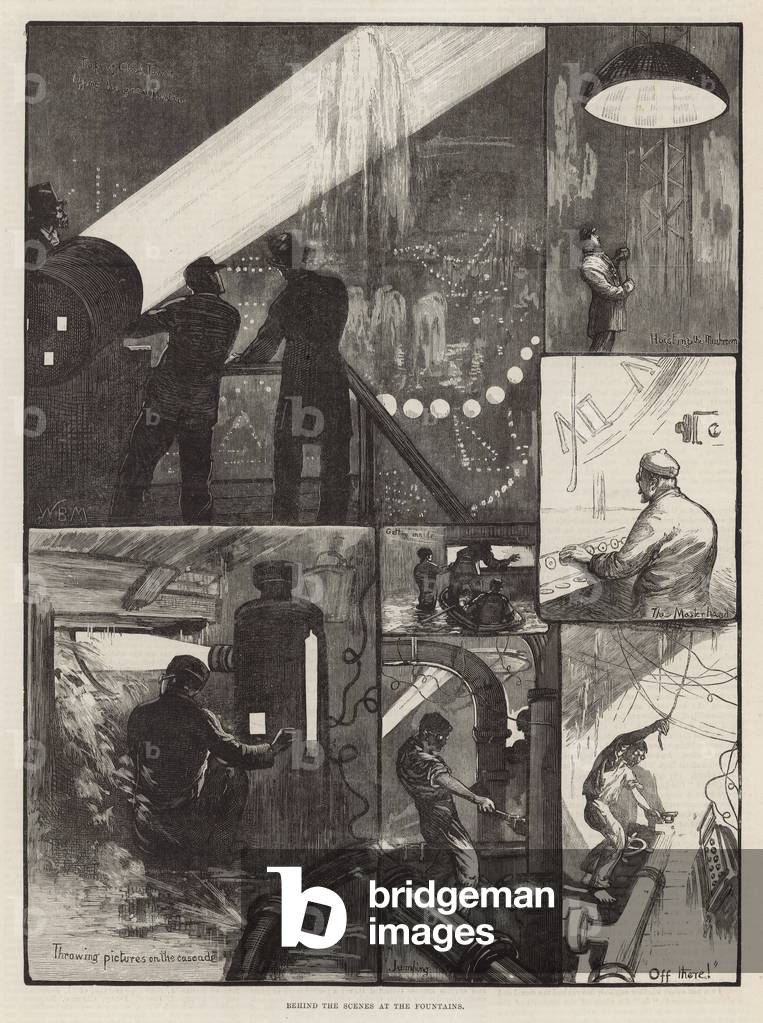 Evening fete for the benefit of the London Hospitals - Behind the scenes at the fountains (engraving)