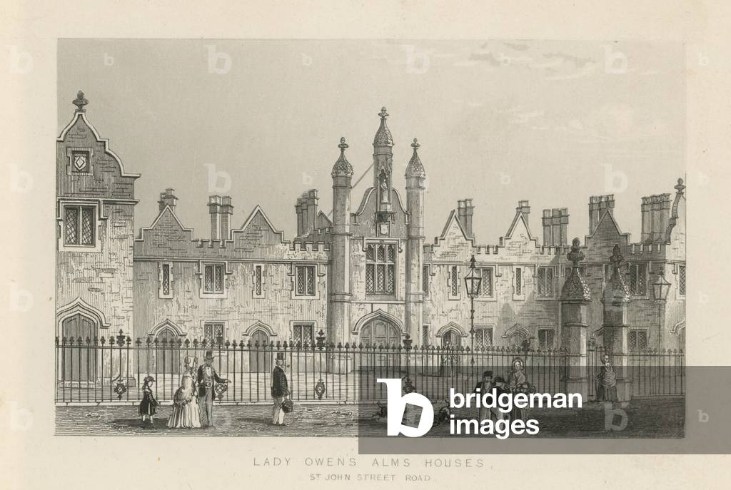 Lady Owen's Alms Houses on St John Street Road (engraving)