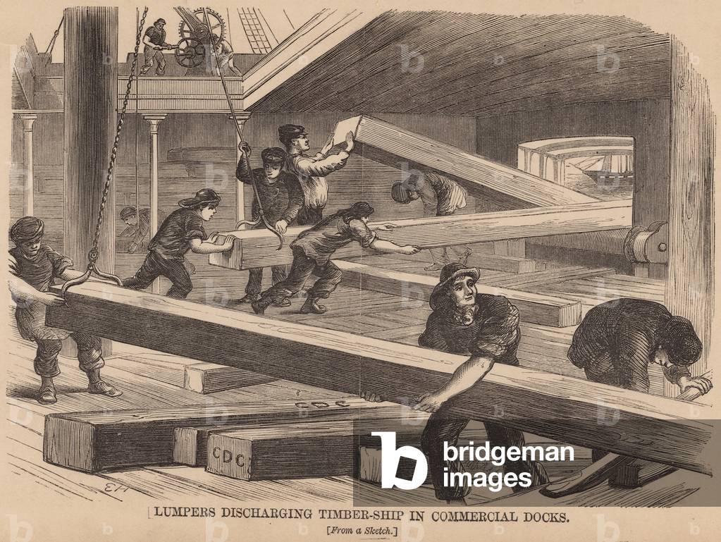 Lumpers discharging timber-ship in Commercial Docks (engraving)