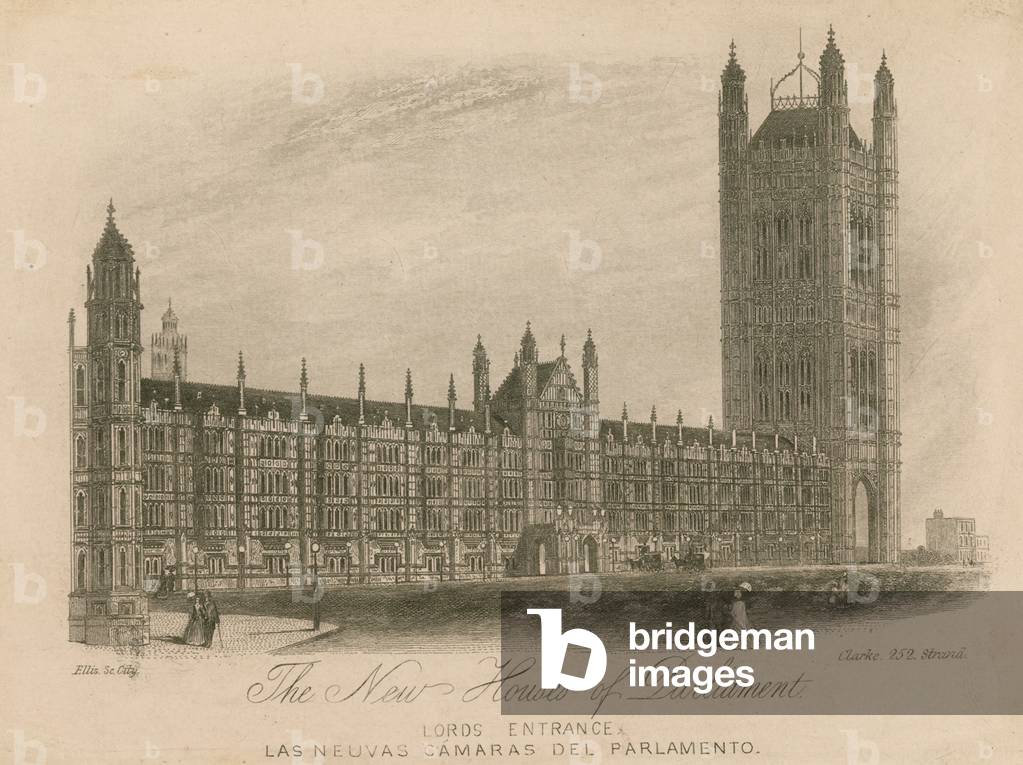 The new Houses of Parliament, Palace of Westminster, London; Lords Entrace (engraving)