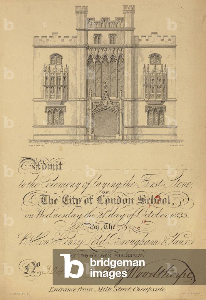 Ticket for the laying of the first stone of the City of London School, 21 October 1835 (engraving)