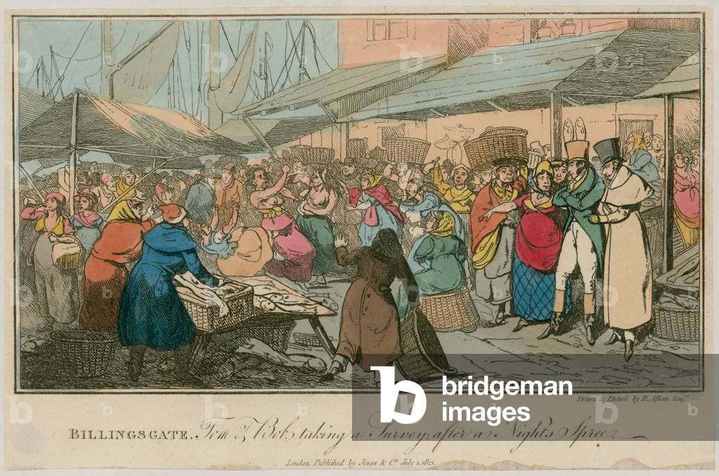 Billingsgate, Tom and Bob taking a survey after a night's spree (coloured engraving)