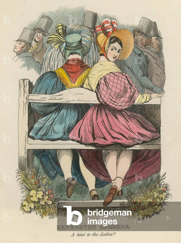 Kensington Gardens, London: A hint to the ladies (coloured engraving)