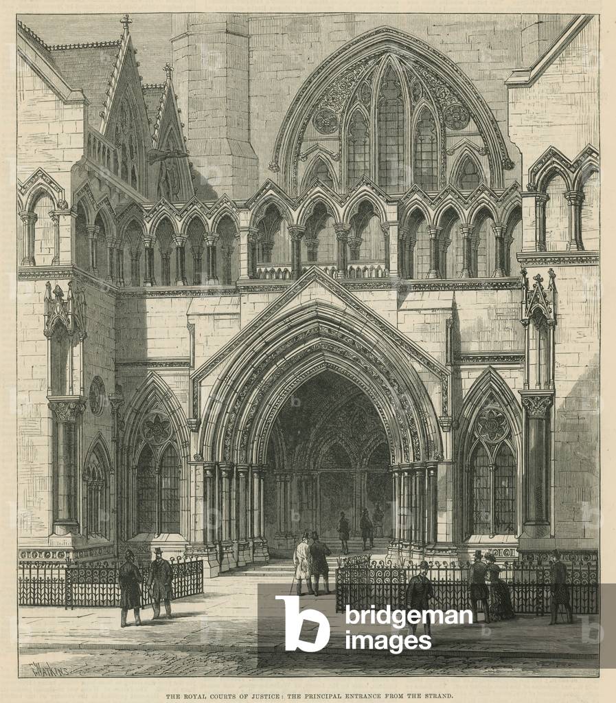 The Royal Courts of Justice: The principal entrance from the Strand (engraving)