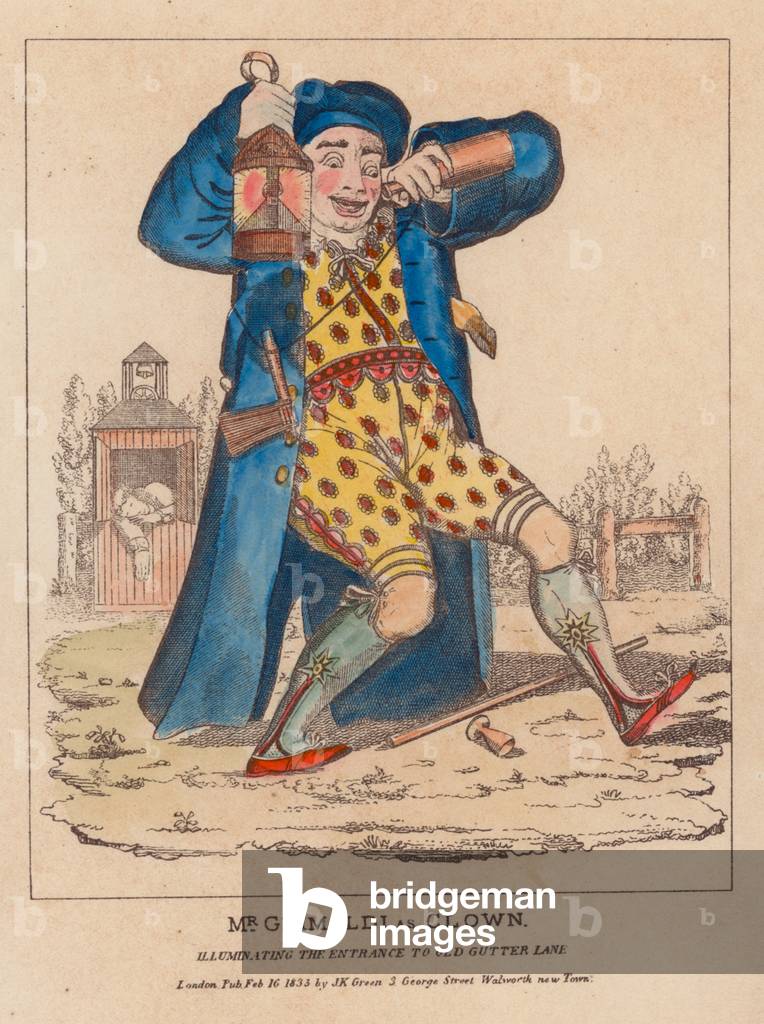 Mr Joseph Grimaldi as Clown, illuminating the entrace to Old Gutter Lane (coloured engraving)