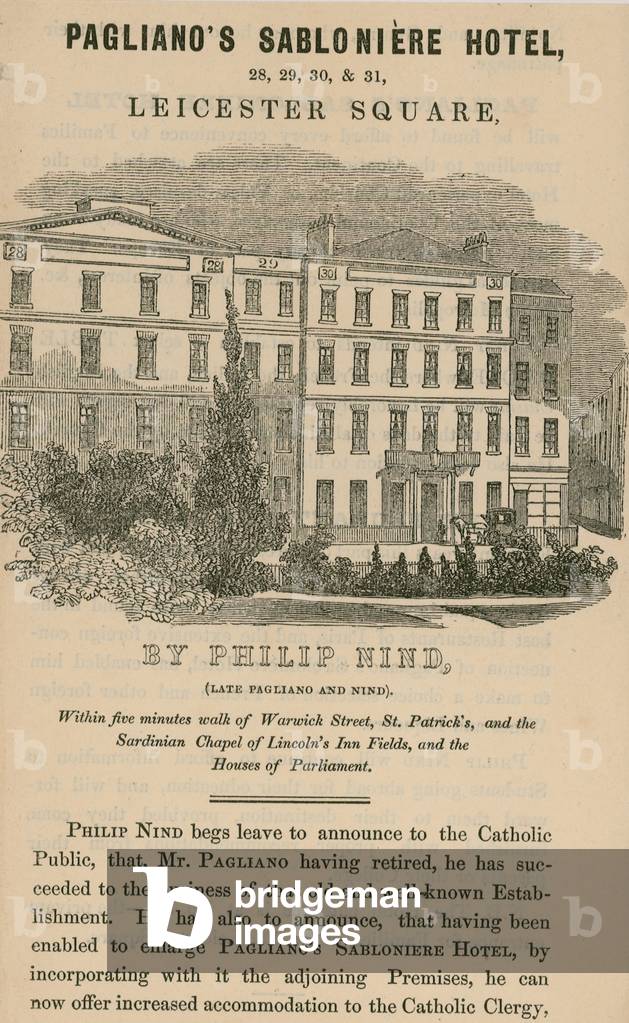 Pagliano's Sabloniere Hotel, Leicester Square, London (engraving)