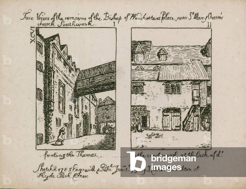 Two view of the the remains of the Bishop of Winchester's Palace (engraving)
