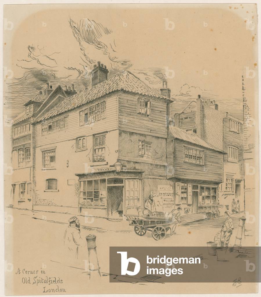 A corner in Old Spitalfields, London (engraving)