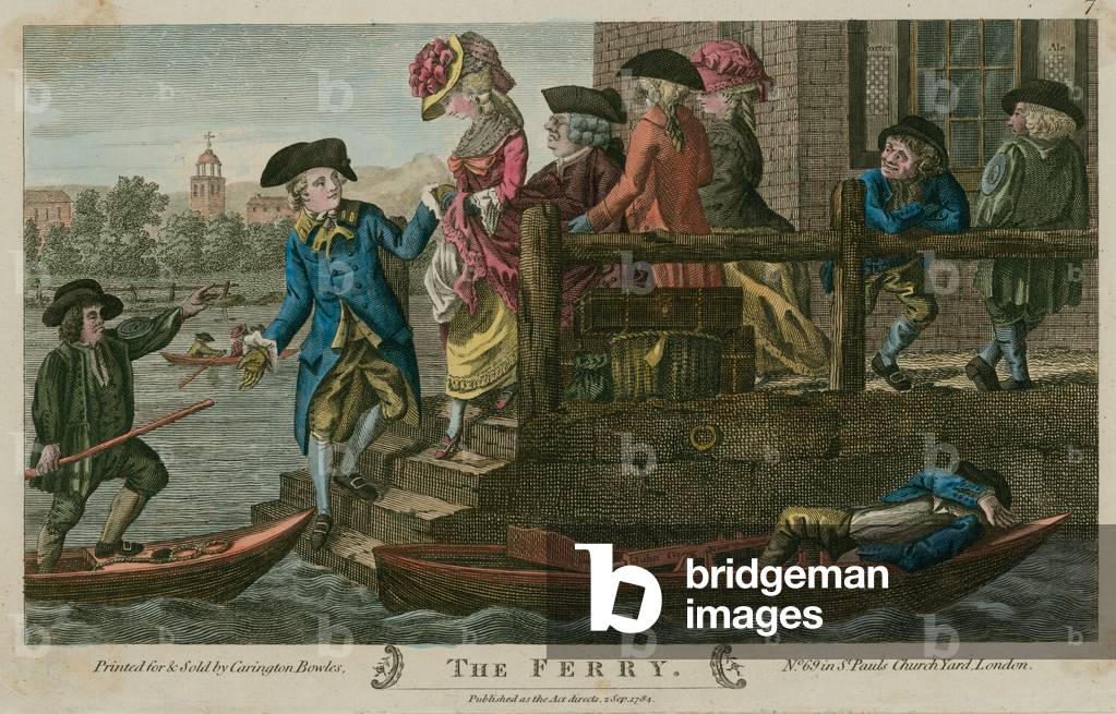 The Ferry, River Thames, London (coloured engraving)