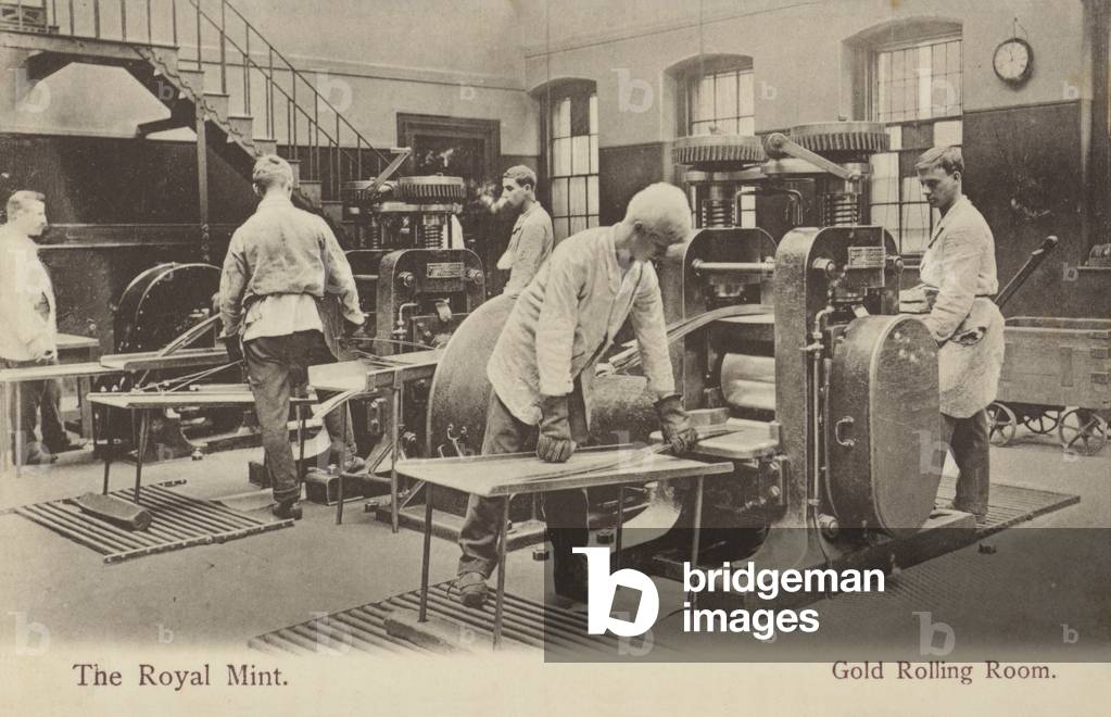 Gold rolling room, the Royal Mint, London (b/w photo)